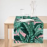 Realhomes Pastel Zemin Üzerinde Yeşil Yaprak Desenli Dijital Baskılı Özel Tasarım Süet Runner Realhomes