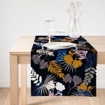 Realhomes Siyah Zemin Üzerinde Renkli Yaprak Desenli Dijital Baskılı Özel Tasarım Süet Runner Realhomes