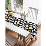 Realhomes Siyah Zemin Üzerinde Gold Detaylı Beyaz Çiçek Desenli Dijital Baskılı Özel Tasarım Süet Runner Realhomes