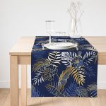 - SuetRunner-8573-Gorsel1 - Realhomes  Realhomes Mavi Zemin Üzerinde Gold Detaylı Yaprak Desenli Dijital Baskılı Özel Tasarım Süet Runner Realhomes