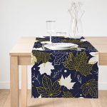 Realhomes Renkli Zemin Üzerinde Gold Detaylı Yaprak Desenli Dijital Baskılı Özel Tasarım Süet Runner Realhomes