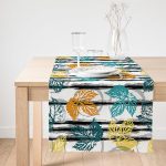 Realhomes Beyaz Zemin Üzerinde Siyah Çizgili Renkli Yaprak Desenli Dijital Baskılı Özel Tasarım Süet Runner Realhomes