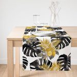 Realhomes Beyaz Zemin Üzerinde Gold Detaylı Yaprak Desenli Dijital Baskılı Özel Tasarım Süet Runner Realhomes