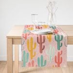 Realhomes Renkli Zemin Üzerinde Sevimli Kaktüs Desenli Dijital Baskılı Özel Tasarım Süet Runner Realhomes