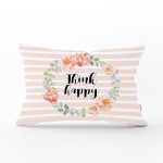 Çiçek Motifli Think Happy Baskılı Dikdörtgen Yastık Kırlent Kılıfı Realhomes