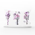 Mor Renk Anahtar Motifli Çiçek Desenli Çizgili Dikdörtgen Yastık Kırlent Kılıfı Realhomes