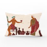 - Rh-Dik-5060-Gorsel1 - Realhomes Şarap İçen Mısır Tanrıçaları Desenli Dikdörtgen Kırlent Kılıfı Realhomes