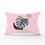 - Rh-Dik-5320pembe-Gorsel1 - Realhomes Pembe Zeminde Tropik Yaprak Desen Baskılı Özel Tasarım Dikdörtgen Kırlent Kılıfı Realhomes