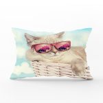 Sepetteki Gözlüklü Kedi Baskılı Modern Dikdörtgen Yastık Kırlent Kılıfı Realhomes