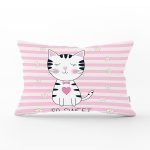 - Rh-Dik-5675-Gorsel1 - Realhomes So Sweet Pembe Çizgili Sevimli Kedi Modern Dikdörtgen Yastık Kırlent Kılıfı Realhomes