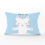 Mavi Zeminde My Love Yazılı Sevimli Kedicik Desenli Dekoratif Dikdörtgen Kırlent Kılıfı Realhomes