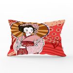 Kahverengi Şemsiyeli Japon Bayan Motifli Dijital Baskılı Dikdörtgen Kırlent Kılıfı Realhomes