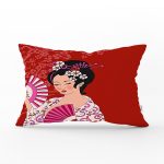 Kırmızı Zeminli Pembe Yelpazeli Japon Kız Dijital Baskılı Dekoratif Dikdörtgen Yastık Kılıfı Realhomes