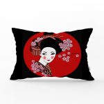 Siyah ve Kırmızı Zeminde Papatya Tasarımlı Japon Kız Modern Dikdörtgen Yastık Kılıfı Realhomes