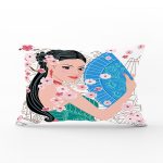 Mavi Yelpazeli Çizgi Motifli Kadın Motifli Dekoratif Dikdörtgen Kırlent Kılıfı Realhomes