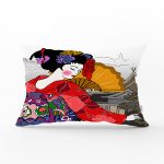 Etnik Desen Zeminli Sarı Yelpazeli Japon Kadın Motifli Dikdörtgen Kırlent Kılıfı Realhomes