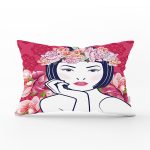 Çiçek Taçlı Japon Kadın Figürlü Dekoratif Dikdörtgen Kırlent Kılıfı Realhomes