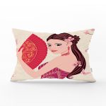 Pembe Yelpazeli Kadın Motifli Dikdörtgen Kırlent Kılıfı Realhomes