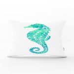 Beyaz Zeminde Yeşil Renkli Deniz Atı Desenli Dijital Baskılı Modern Dikdörtgen Kırlent Kılıfı Realhomes