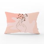 Pudra Zeminde Onedraw Çizimli Yaprak Desenli Dijital Baskılı Modern Dikdörtgen Kırlent Kılıfı Realhomes