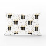 Beyaz Zemin Üzerinde Gold Detaylı Hediye Paketi Desenli Dikdörtgen Yastık Kırlent Kılıfı Realhomes