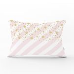 Beyaz Zeminli Pembe Yatay Çizgili Gold Detaylı Yıldız Desenli Dikdörtgen Kırlent Kılıfı Realhomes