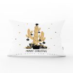 Beyaz Zemin Üzerinde Gold Detaylı Kaktüs Desenli Merry Christmas Dikdörtgen Yastık Kılıfı Realhomes