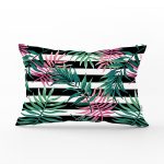 - Rh-Dik-8379-Gorsel1 - Realhomes Beyaz Zemin Üzerinde Siyah Beyaz Çizgili Yeşil Yaprak Desenli Dikdörtgen Yastık Kılıfı Realhomes
