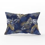 Mavi Zemin Üzerinde Gold Detaylı Yaprak Desenli Modern Dikdörtgen Yastık Kırlent Kılıfı Realhomes