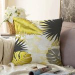 - Sonil-K-7010-Gorsel1 - Realhomes Mermer Zeminli Gold Ve Siyah Yapraklar Dijital Baskılı Modern Raşel Kadife Kırlent Kılıfı Realhomes