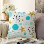 - Sonil-K-7017-Gorsel1 - Realhomes Beyaz Zeminde Mavi Puan Gold Yıldızlı Dijital Baskılı Modern Raşel Kadife Yastık Kırlent Kılıfı Realhomes