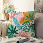 - Sonil-K-7024-Gorsel1 - Realhomes  Soyut Renkli Yaprak Motifli Dijital Baskılı Modern Raşel Kadife Yastık Kırlent Kılıfı Realhomes