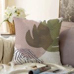 - Sonil-K-7028-Gorsel1 - Realhomes  Beyaz Zeminde Suluboya Devetabanı Yaprak Motifli Modern Raşel Kadife Yastık Kırlent Kılıfı Realhomes