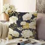 Sıyah Zeminli Gold Detaylı Gul Yaprakları Raşel Kadife Yastık Kırlent Kılıfı Realhomes