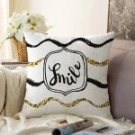 Beyaz Zeminli Gold Detayli Smile Dijital Baskılı Modern Raşel Kadife Yastık Kırlent Kılıfı Realhomes