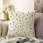 Beyaz Zeminli Gold Renkli Çoklu Yıldız Detayli Modern Raşel Kadife Yastık Kırlent Kılıfı Realhomes