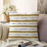 Beyaz Zeminde Gold Çizgili Dijital Baskılı Modern Raşel Kadife Yastık Kırlent Kılıfı Realhomes