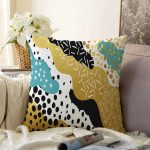 Sıyah Beyaz Zeminde Gold Detaylı Renkli Çizim Dijital Baskılı Modern Raşel Kadife Yastık Kılıfı Realhomes