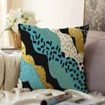 Sıyah Beyaz Zeminde Gold Detaylı Renkli Çizim Dijital Baskılı Modern Raşel Kadife Yastık Kılıfı Realhomes