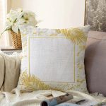 Beyaz Zemin Üzerinde Gold Renkli Yaprak Desenli Modern Raşel Kadife Yastık Kırlent Kılıfı Realhomes