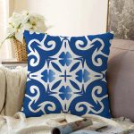 Mavi Zemin Üzerinde Çini Desenli Dijital Baskılı Modern Raşel Kadife Yastık Kırlent Kılıfı Realhomes