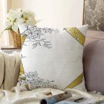 Beyaz Zemin Üzerinde Gold Detaylı Yaprak Desenli Modern Raşel Kadife Yastık Kırlent Kılıfı Realhomes