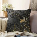 Siyah Zeminde Gold Renkli Çizim Desenli Dijital Baskılı Modern Raşel Kadife Yastık Kılıfı Realhomes