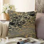 Siyah Zeminde Gold Renkli Çizim Desenli Dijital Baskılı Modern Raşel Kadife Yastık Kılıfı Realhomes