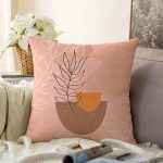 Pudra Zeminde Onedraw Çizimli Yaprak Desenli Dijital Baskılı Modern Raşel Kadife Kırlent Kılıfı Realhomes