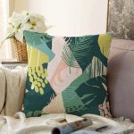 - Sonil-K-7247-Gorsel1 - Realhomes  Koyu Zemin Üzerinde Onedraw Çizimli Yeşil Renkli Yapraklar Raşel Kadife Yastık Kırlent Kılıfı Realhomes