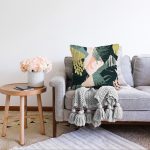 - Sonil-K-7247-Gorsel2 - Realhomes  Koyu Zemin Üzerinde Onedraw Çizimli Yeşil Renkli Yapraklar Raşel Kadife Yastık Kırlent Kılıfı Realhomes