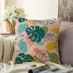 - Sonil-K-7249-Gorsel1 - Realhomes  Pudra Zemin Üzerinde Onedraw Çizimli Yaprak Desenli Raşel Kadife Yastık Kırlent Kılıfı Realhomes