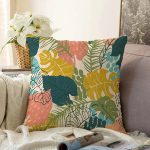 Pudra Zeminde Renkli Yaprak Desenli Dijital Baskılı Modern Raşel Kadife Yastık Kırlent Kılıfı Realhomes