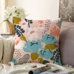 - Sonil-K-7253-Gorsel1 - Realhomes Pudra Zemin Üzerinde Onedraw Çizimli Yaprak Desenli Raşel Kadife Yastık Kırlent Kılıfı Realhomes